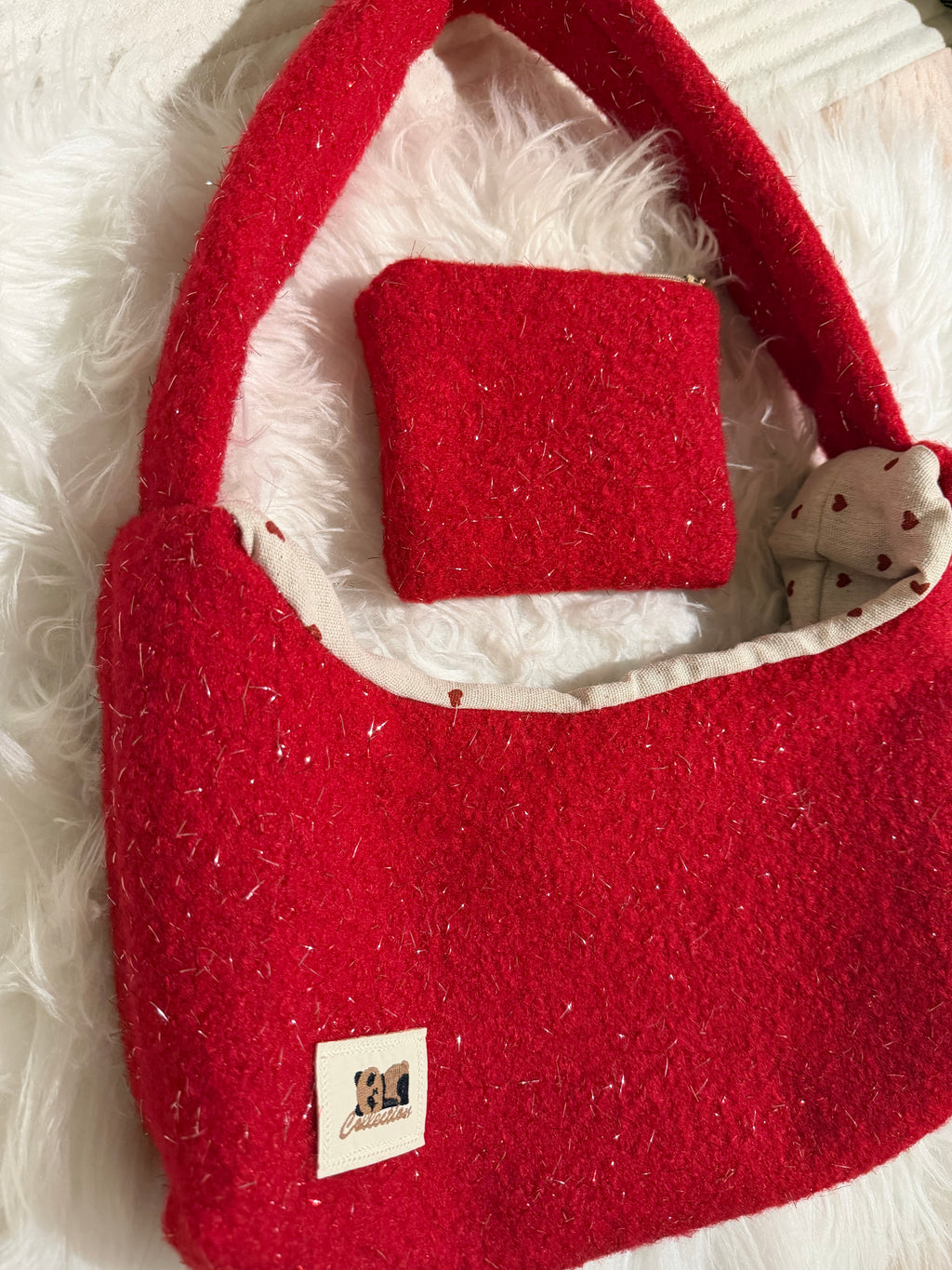 Red Cozy Hobo Bag + Matching Pouch – Handmade Statement Set