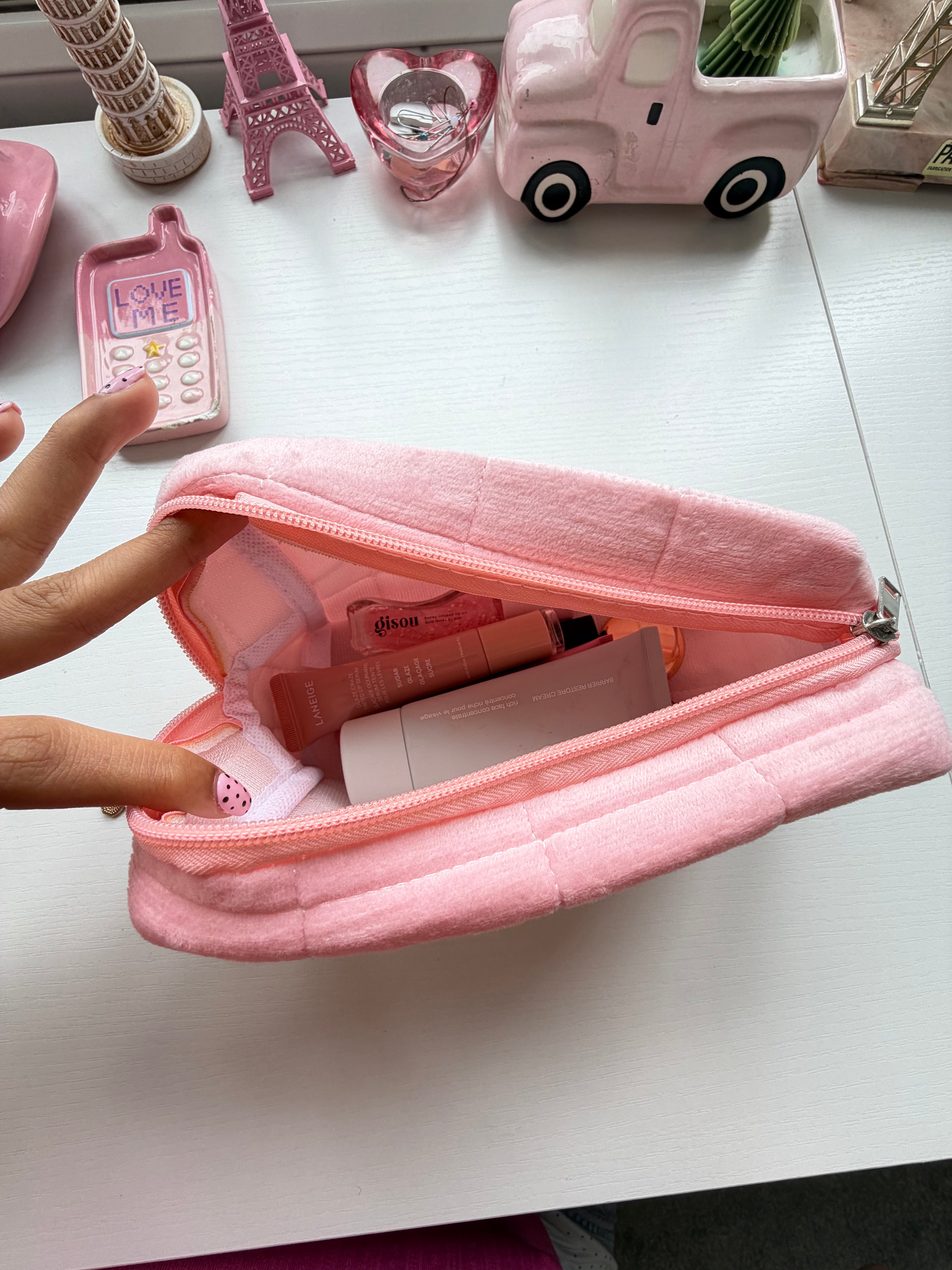 Pink Quilted Velvet Cosmetic Bag