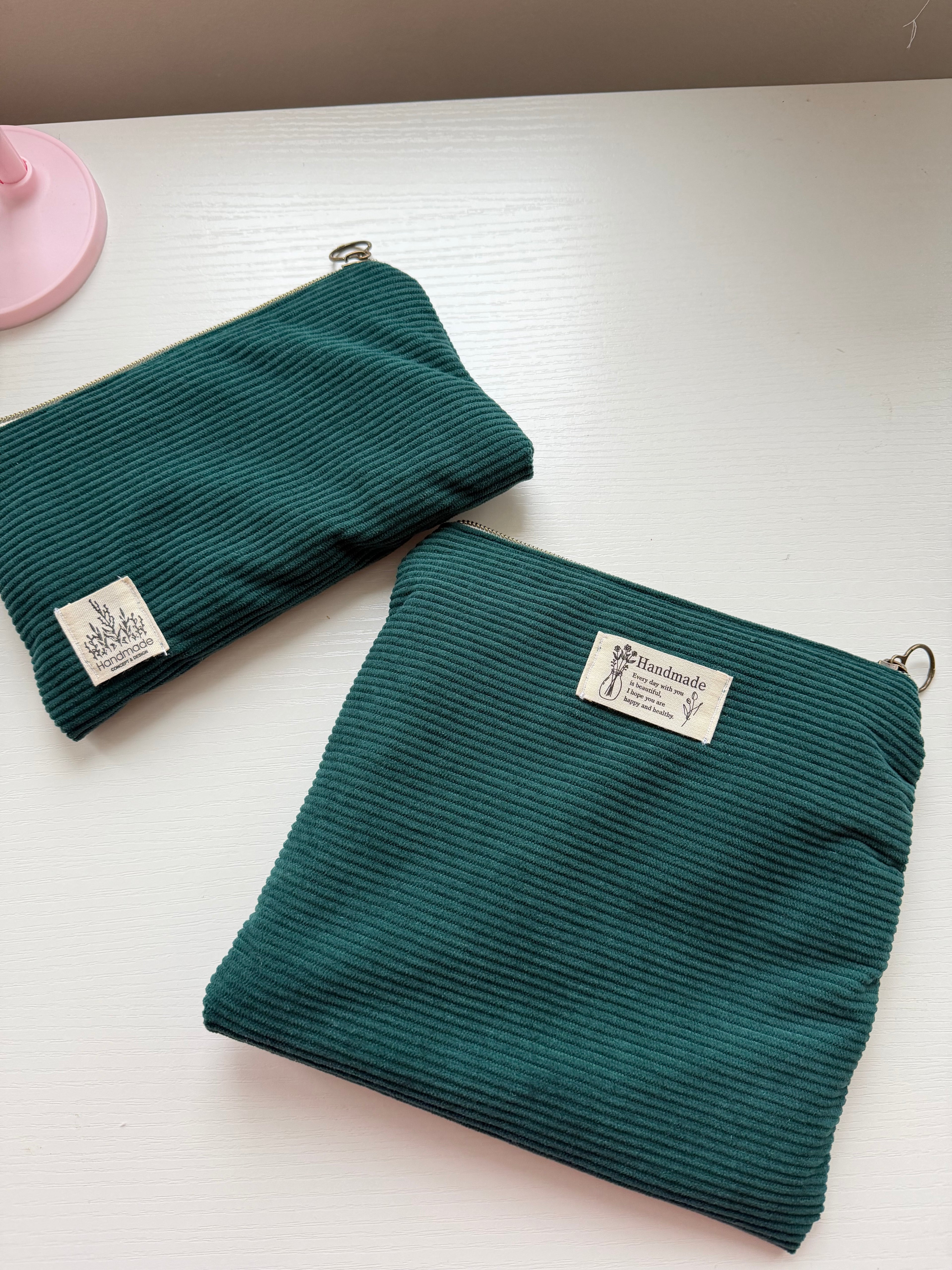 Handmade Corduroy Zip Pouch Set – Deep Green