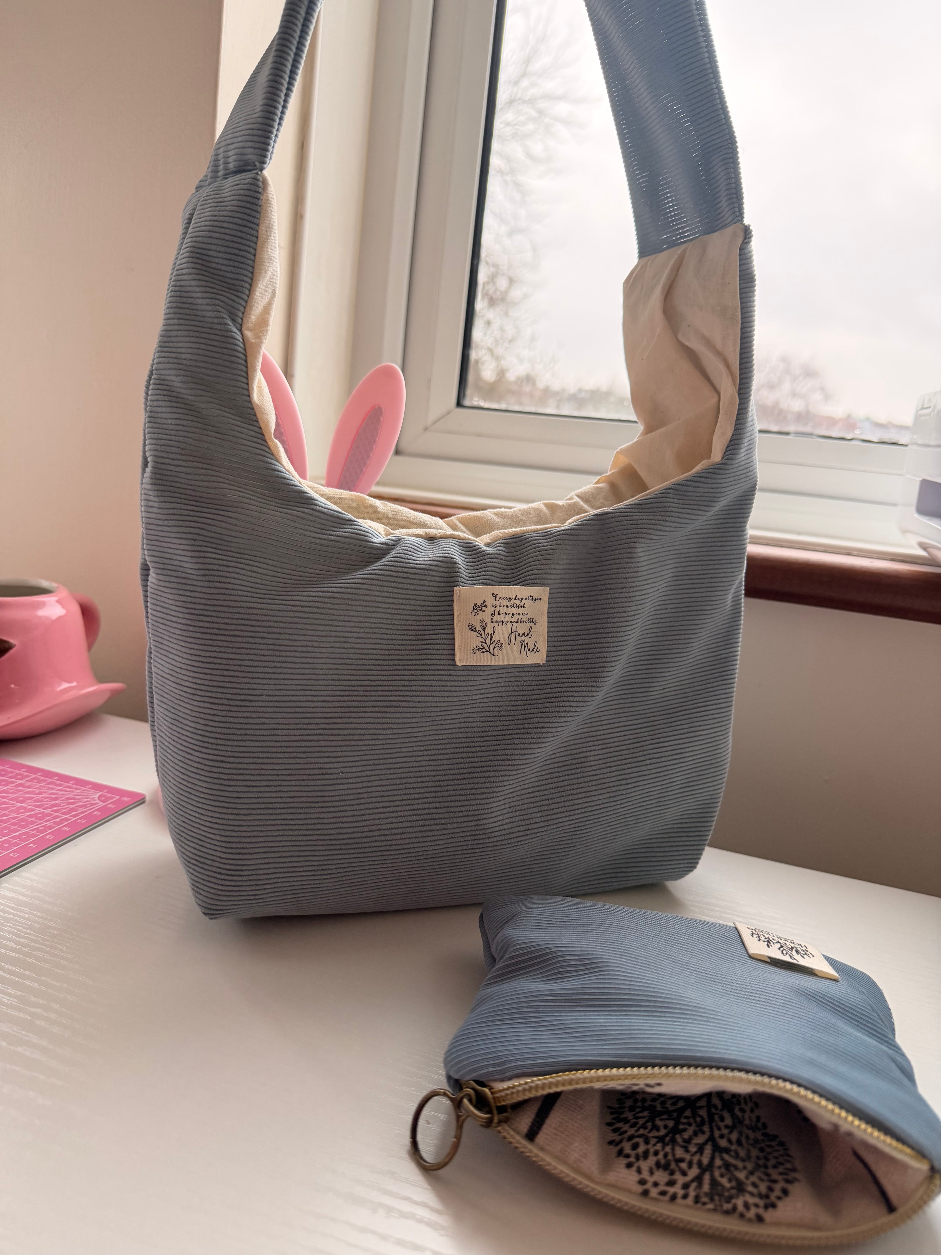 Handmade Corduroy Shoulder Bag Set Tote + Zip Pouch