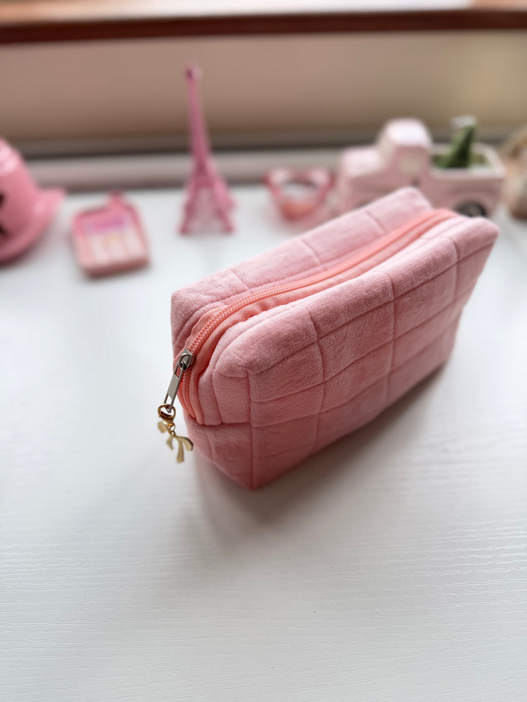Pink Quilted Velvet Cosmetic Bag