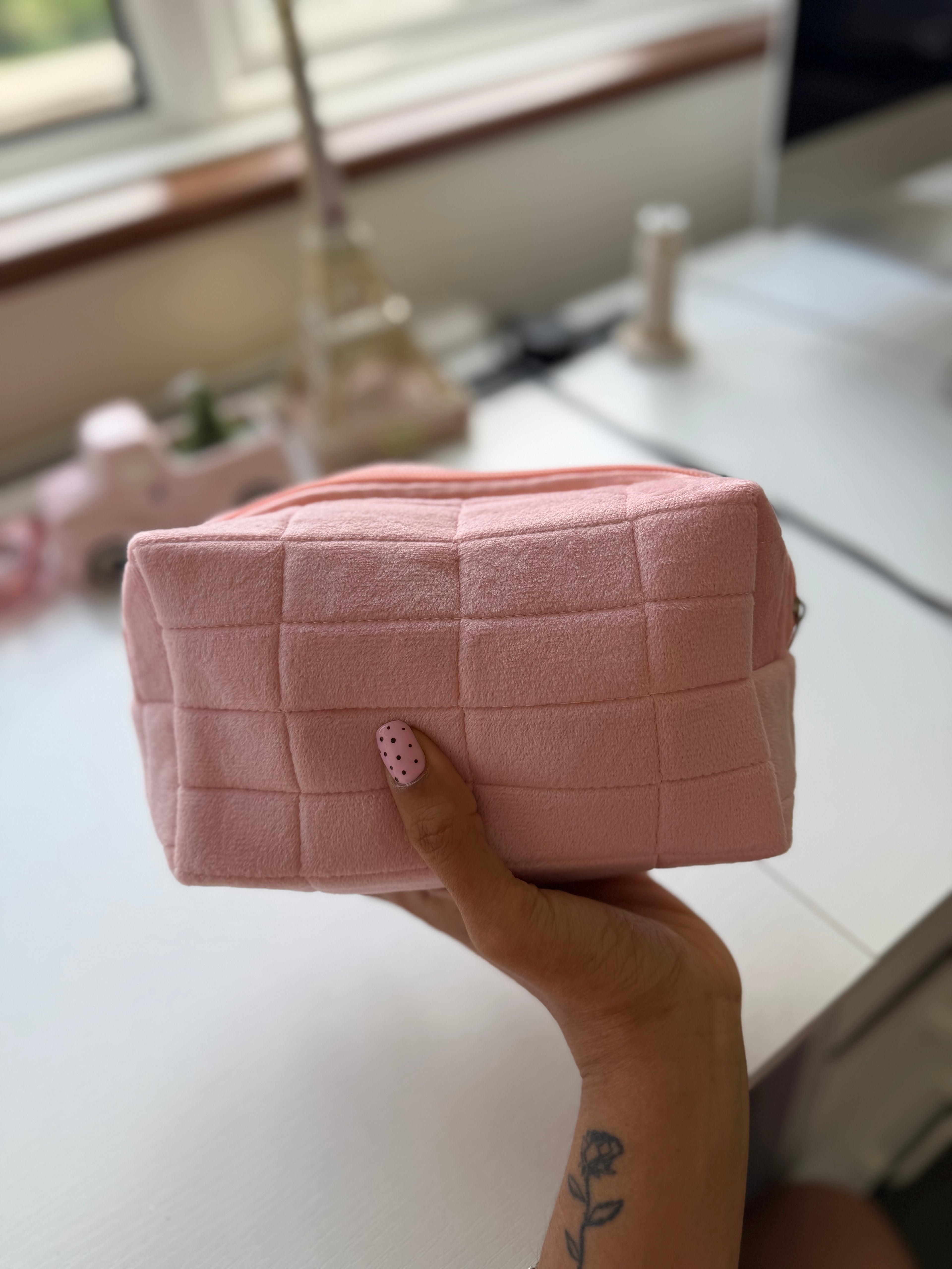 Pink Quilted Velvet Cosmetic Bag
