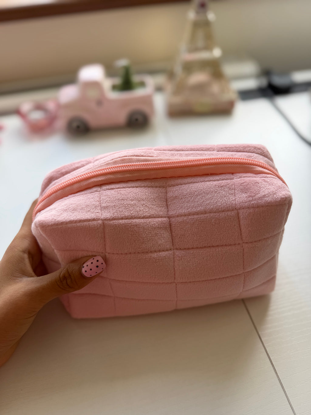 Pink Quilted Velvet Cosmetic Bag