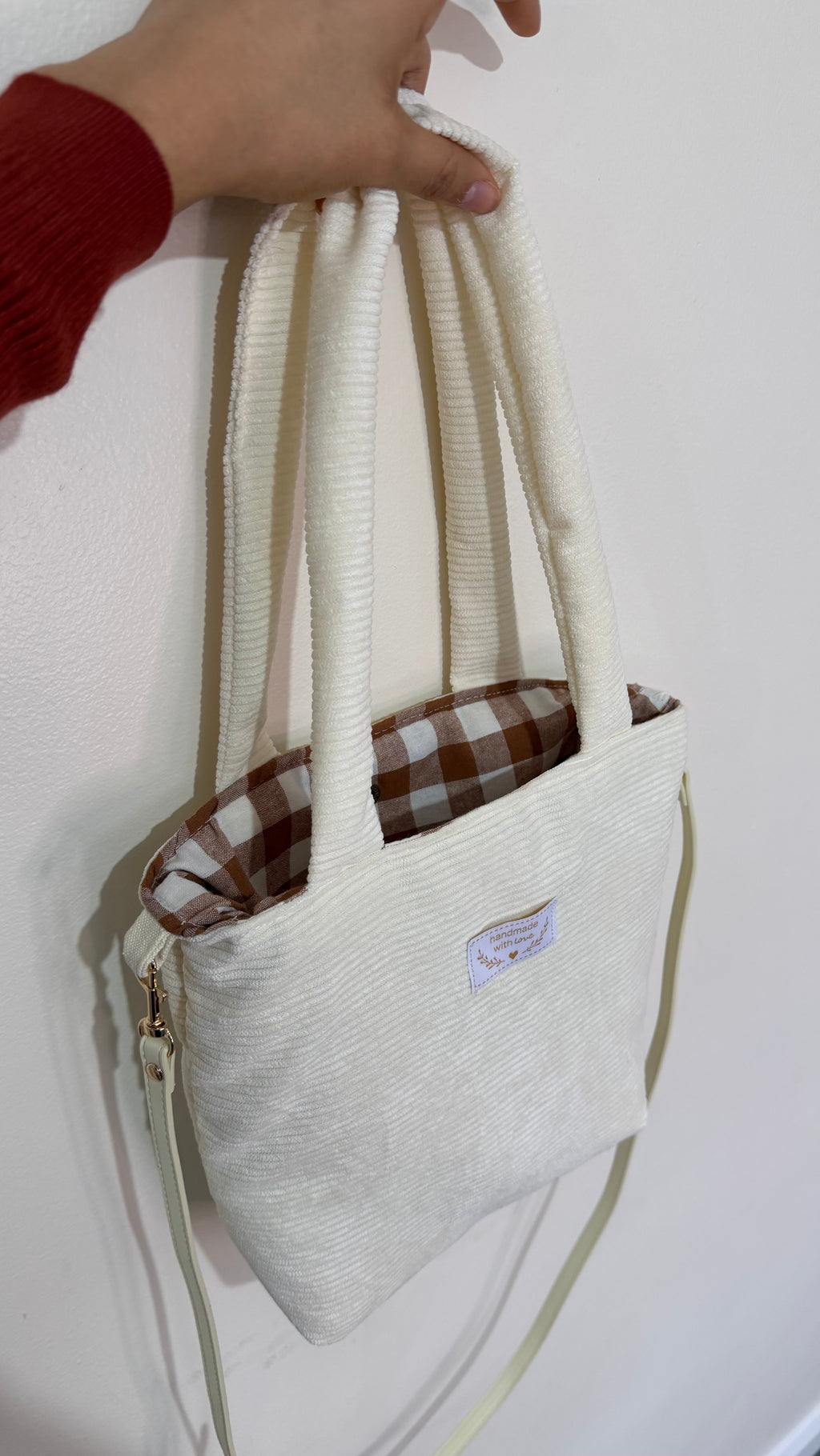 ✨ Corduroy Tote Bag – Cream & Gingham Interior