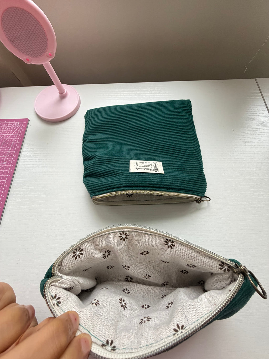 Handmade Corduroy Zip Pouch Set – Deep Green