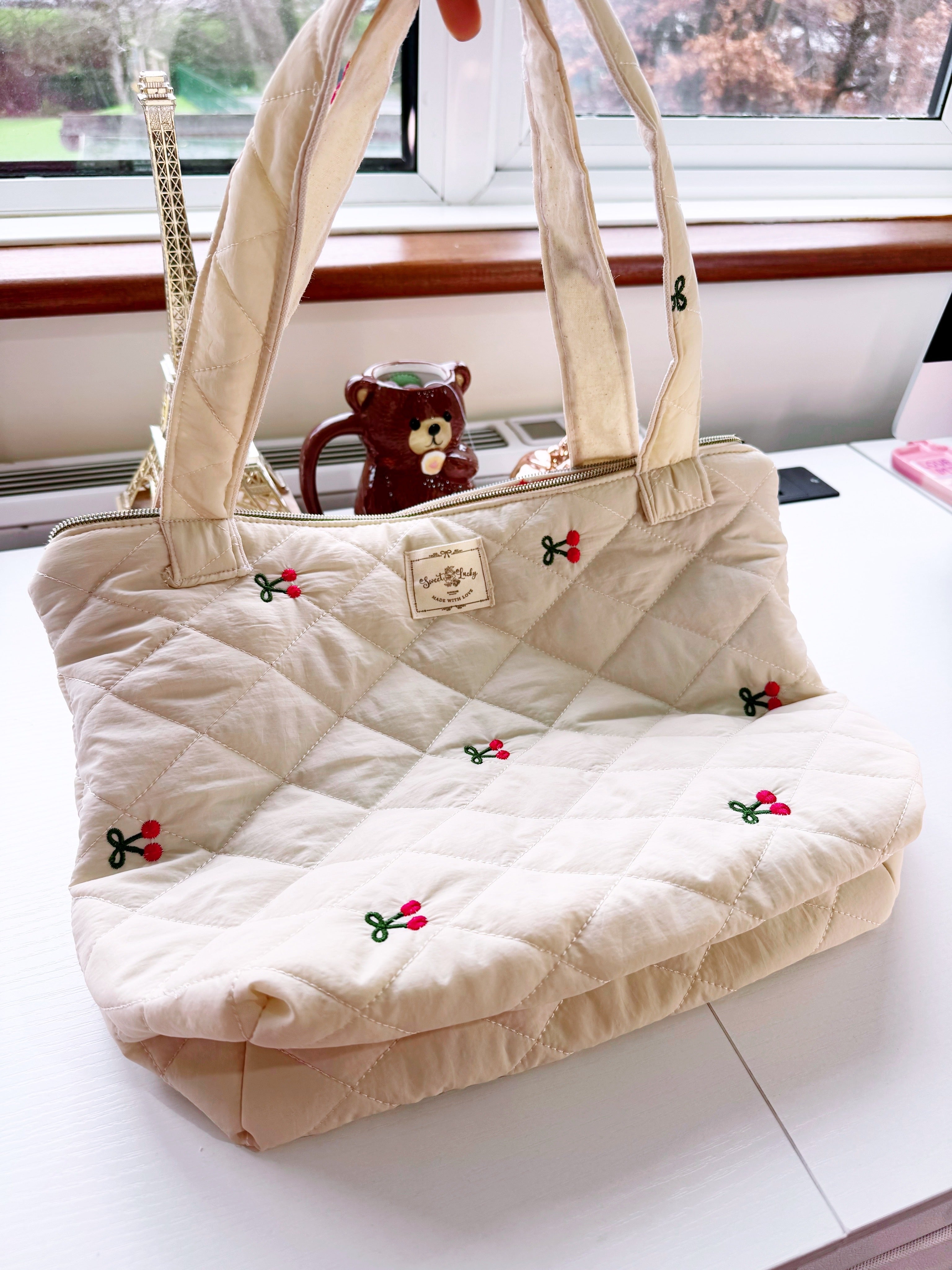Cherry embroidery tote bags