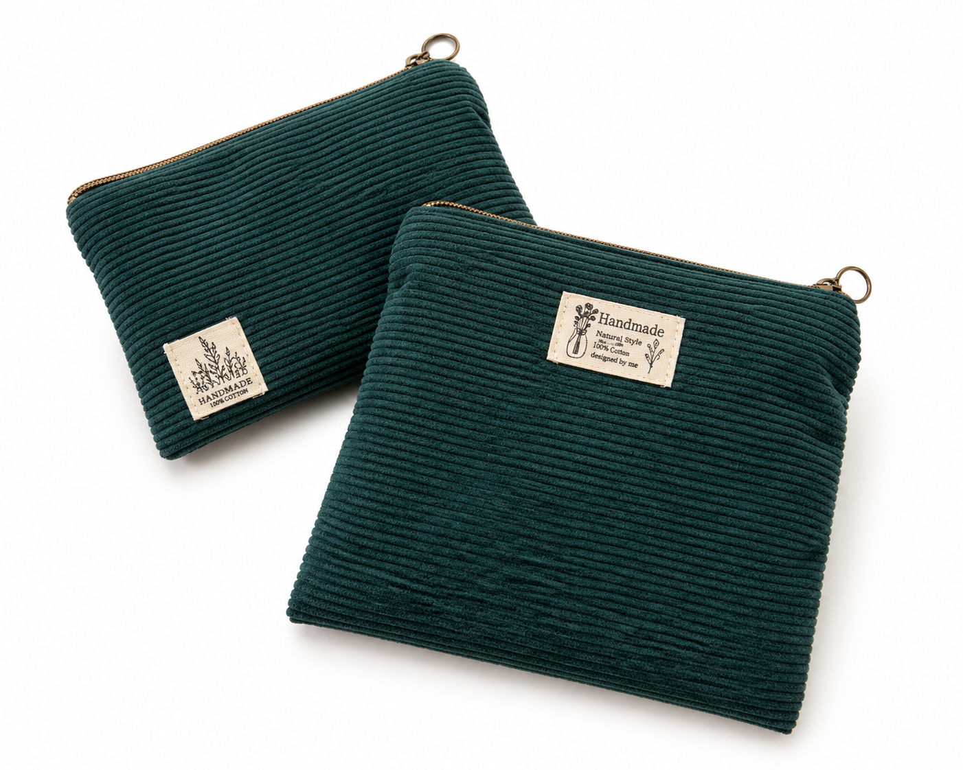 Handmade Corduroy Zip Pouch Set – Deep Green