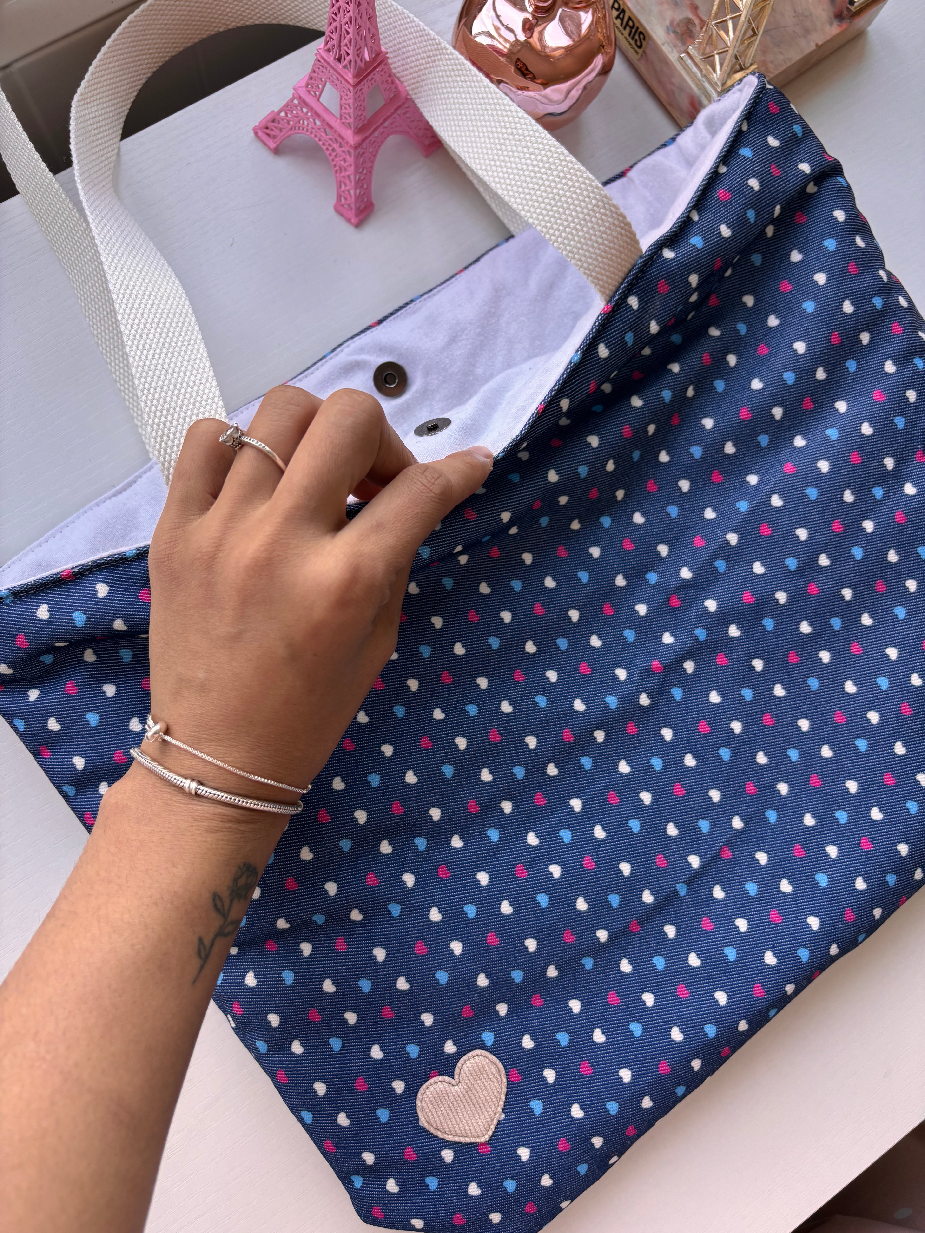 💙 Polka Heart Tote — Classic with a Playful Twist